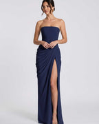 Seraphine Maxi Dress by Lauven — chiffon strapless pleated high slit maxi dress
