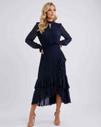 Celestia Maxi Dress by Lauven — chiffon long sleeve high neck A-line maxi dress
