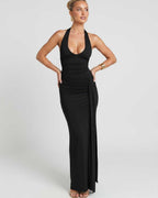 Solvienne Maxi Dress by Lauven — stretch sleeveless deep V-neck ruched maxi dress
