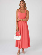 Veloura Midi Dress by Lauven — satin blend sleeveless square neck A-line midi dress
