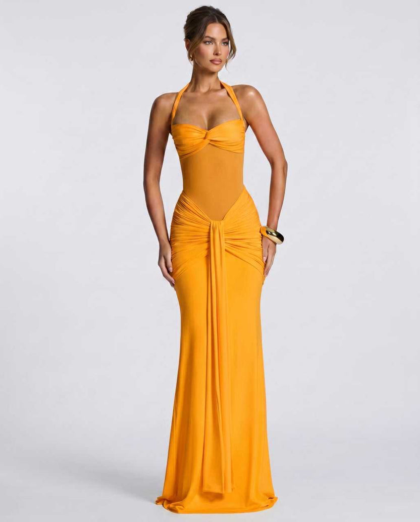 Solvane Maxi Dress by Lauven — orange stretch mesh sleeveless halter neck slim fit maxi dress