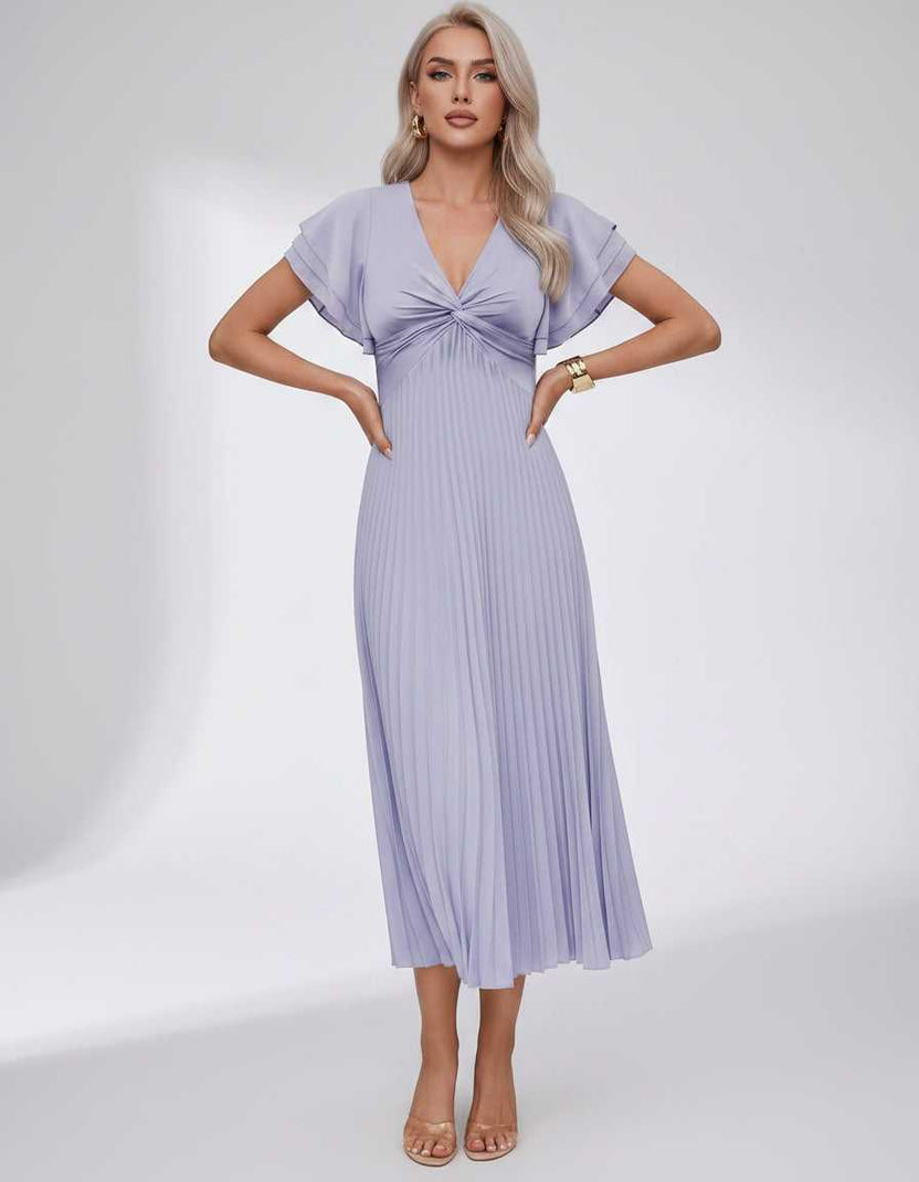 Veloura Midi Dress by Lauven — pleated chiffon flutter sleeve V-neck A-line midi dress