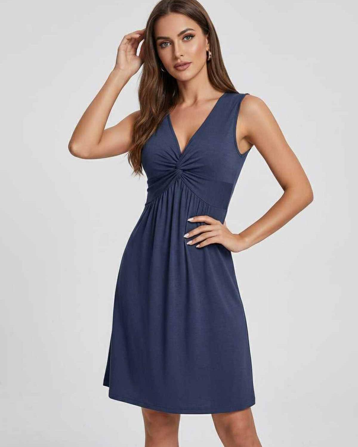 Aster Midi Dress by Lauven — soft knit sleeveless V-neck A-line midi dress