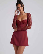Noiré Mini Dress by Lauven — stretch long sleeve square neck fitted mini dress with lace sleeves