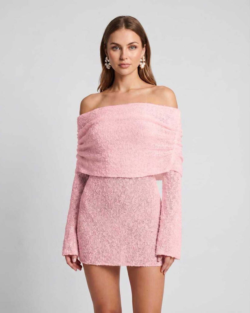 Elara Mini Dress by Lauven — pink textured knit long bell sleeve off-shoulder fitted mini dress