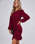 Virelle Mini Dress by Lauven — long sleeve round neck fitted mini dress with ruffle hem