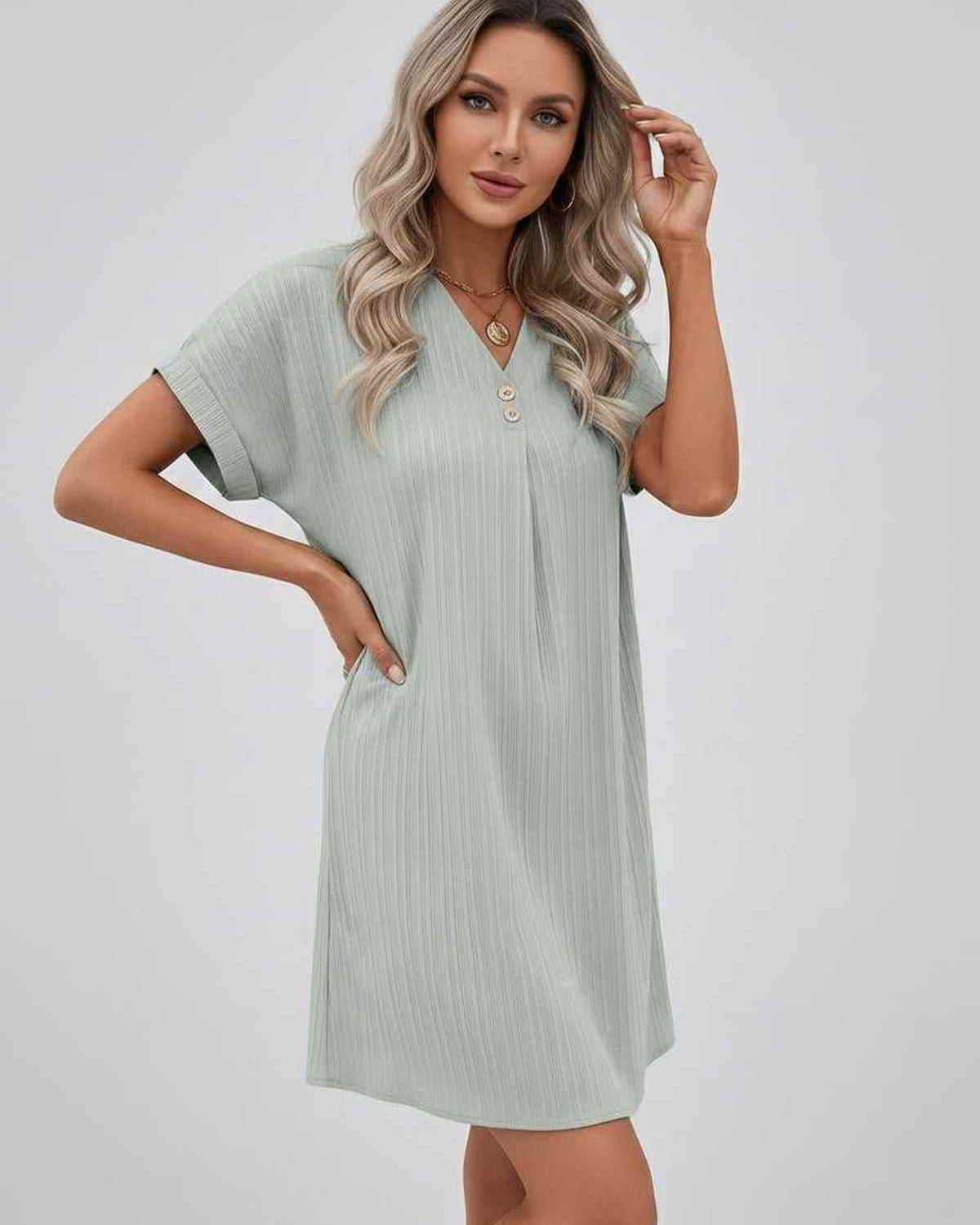 Lunelle Mini Dress by Lauven — textured short sleeve V-neck relaxed mini dress