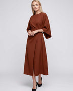 Celest Midi Dress by Lauven — breathable fabric lantern sleeve crew neck belted wrap midi dress