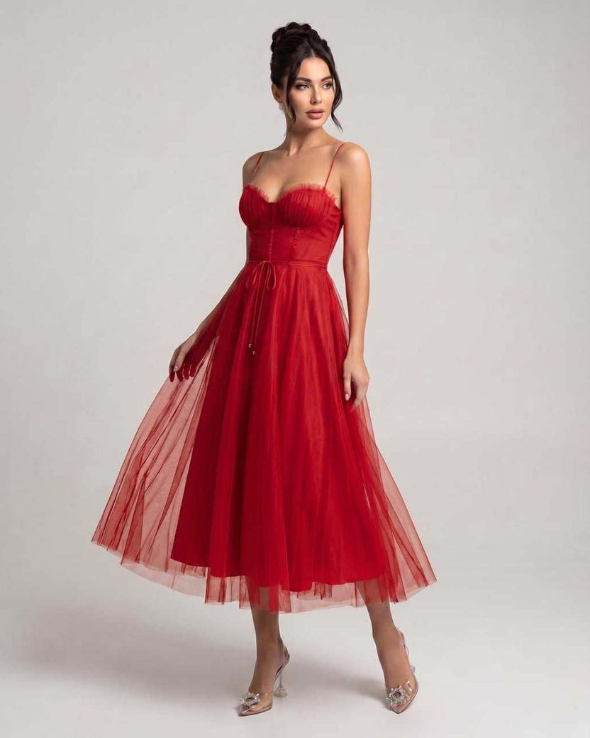 Elara Midi Dress by Lauven — red tulle sleeveless sweetheart neck structured bodice midi dress