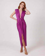 Aurelle Maxi Dress by Lauven — lightweight sleeveless deep v neck fitted maxi dress with pleats and slit