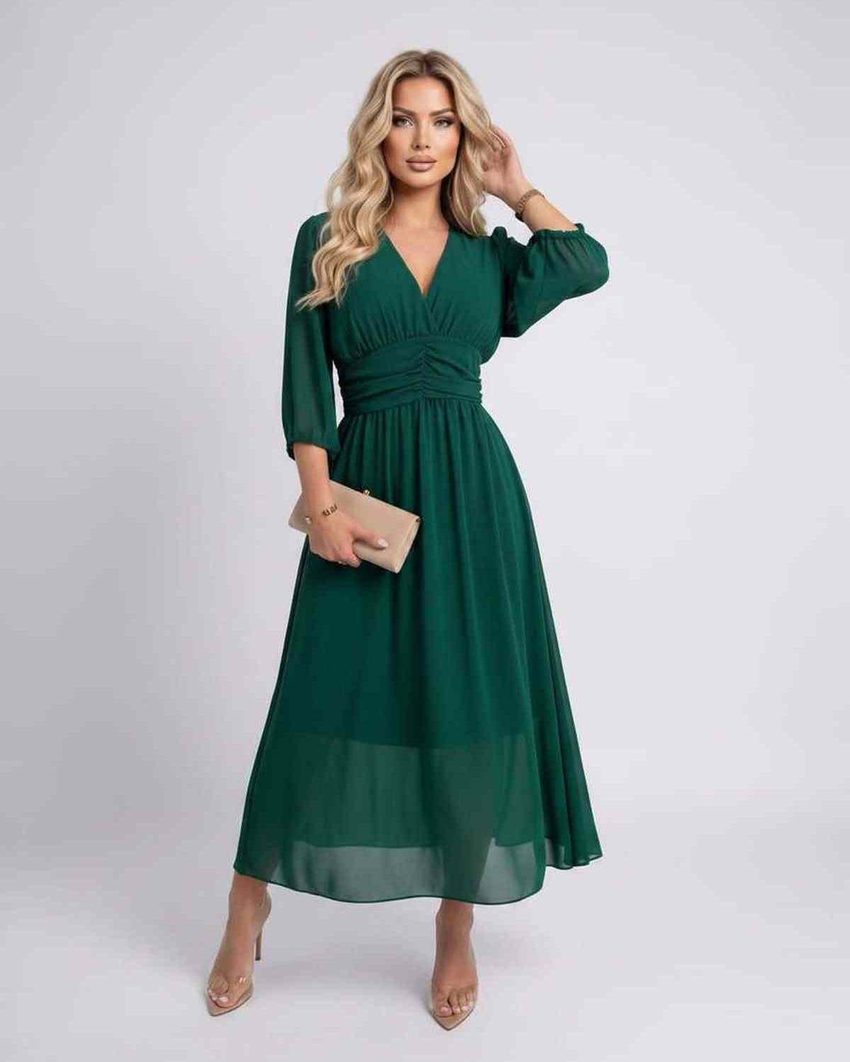 Veloura Midi Dress by Lauven — lightweight chiffon three quarter sleeve v neck A-line midi dress