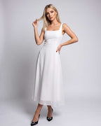 Lunara Midi Dress by Lauven — lightweight chiffon sleeveless square neck A-line midi dress