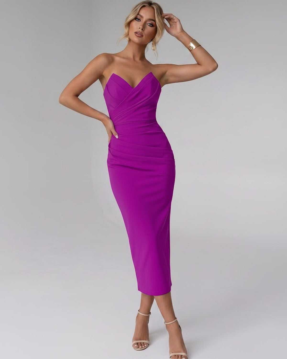 Serelle Midi Dress by Lauven — smooth stretch strapless sweetheart neck fitted midi dress