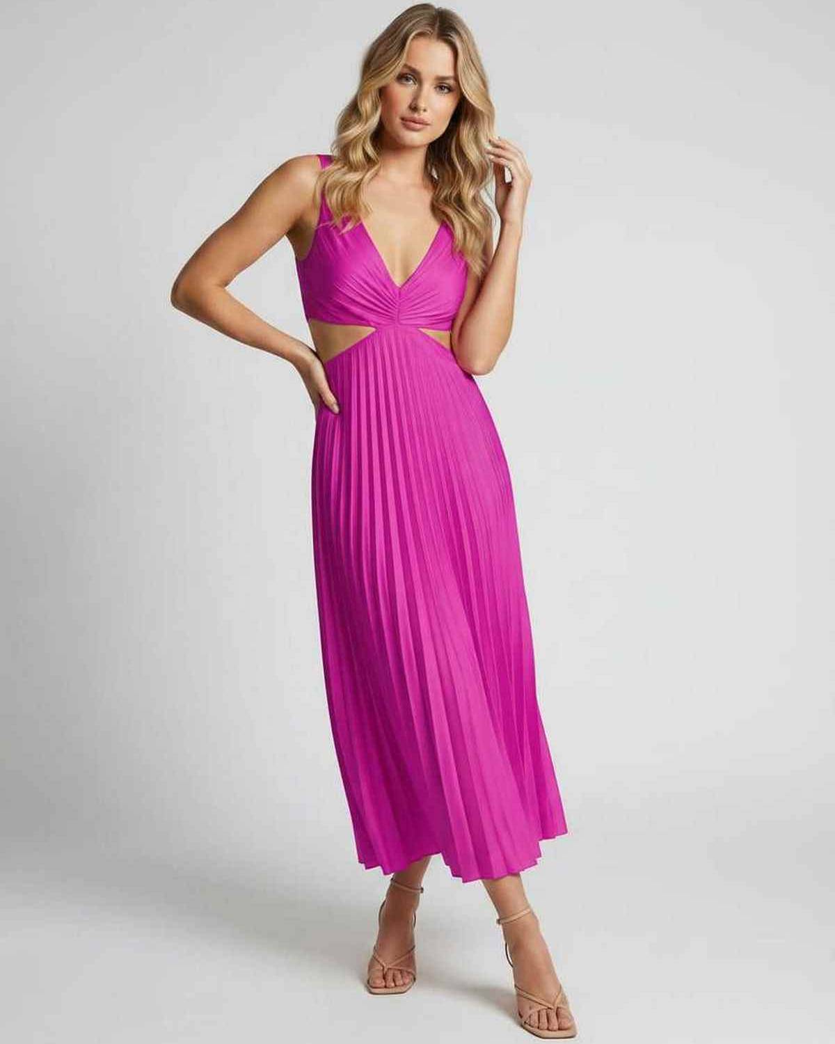 Lunara Midi Dress by Lauven — satin sleeveless V-neck flowing pleated midi dress