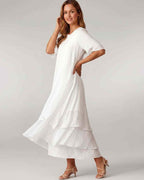 Aurelia Midi Dress by Lauven — lightweight short sleeve round neck layered midi dress
