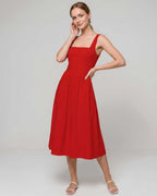 Aveline Midi Dress by Lauven — lightweight sleeveless square neck fit and flare midi dress