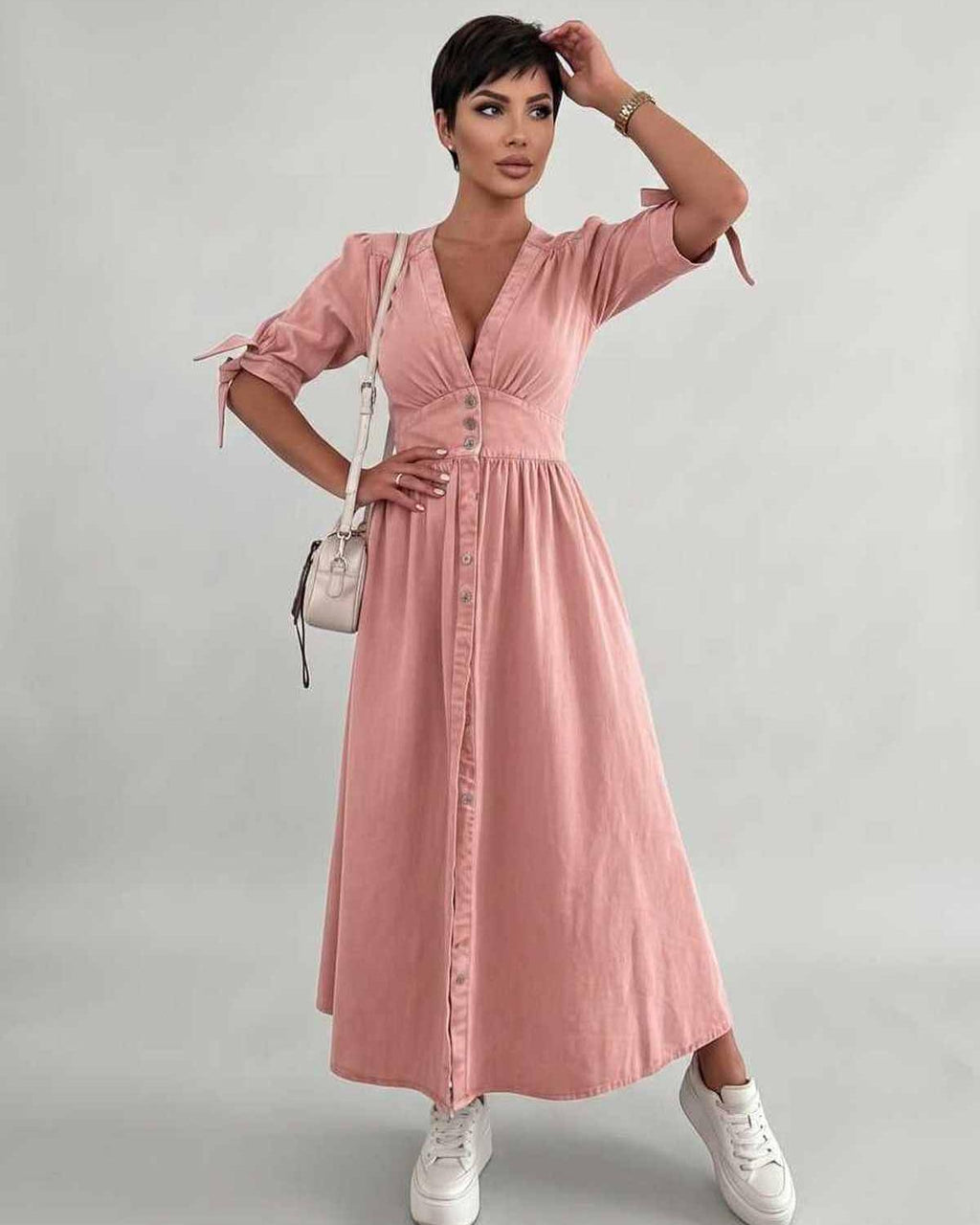Eloria Midi Dress by Lauven — lightweight mid sleeve V-neck button front fit and flare midi dress