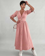 Eloria Midi Dress by Lauven — lightweight mid sleeve V-neck button front fit and flare midi dress
