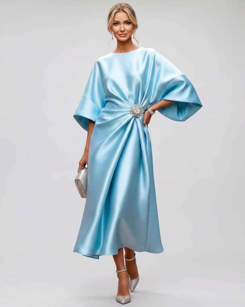 Seralyn Midi Dress by Lauven — satin kimono sleeve boat neck draped midi dress