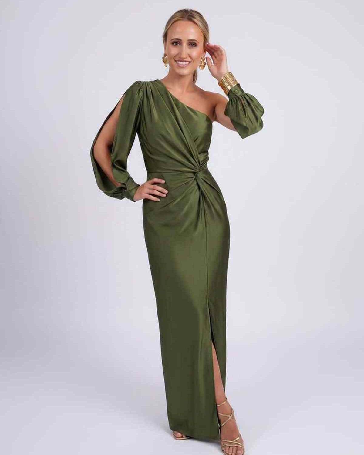 Veloura Maxi Dress by Lauven — satin one-shoulder long sleeve draped maxi dress