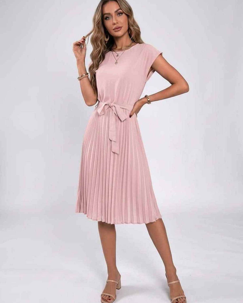 Lunessa Midi Dress by Lauven — pleated chiffon cap sleeve round neck midi dress