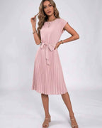 Lunessa Midi Dress by Lauven — pleated chiffon cap sleeve round neck midi dress