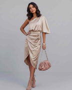 Veloura Midi Dress by Lauven — satin one shoulder draped midi dress with slit