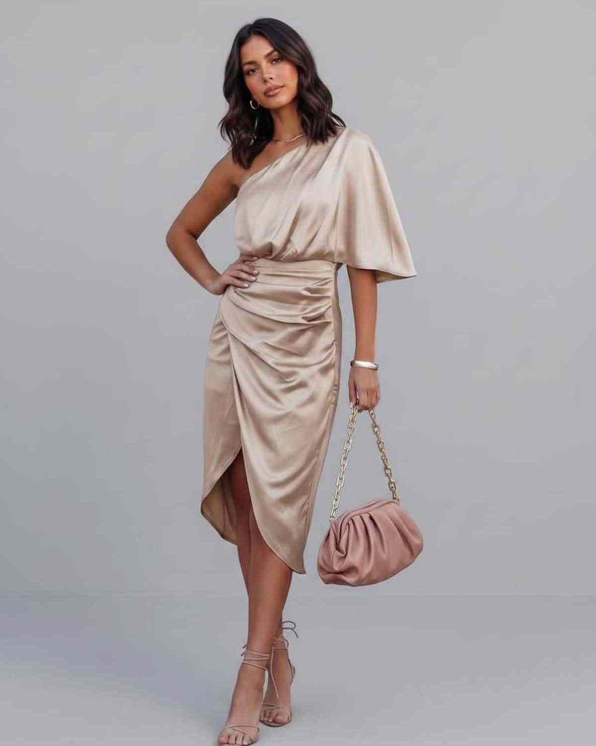 Veloura Midi Dress by Lauven — satin one shoulder draped midi dress with slit