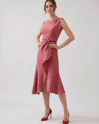 Serelune Midi Dress by Lauven — sleeveless satin midi dress with ruffle detail and fit flare silhouette