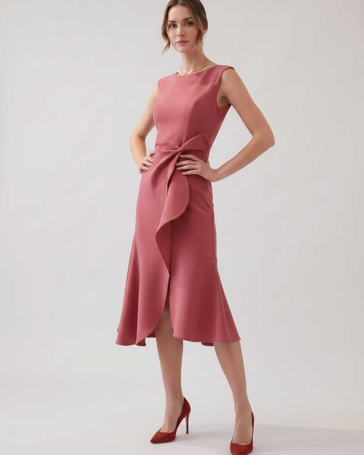 Serelune Midi Dress by Lauven — sleeveless satin midi dress with ruffle detail and fit flare silhouette