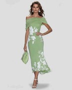Veloura Midi Dress by Lauven — floral off shoulder satin midi dress with draped sleeves