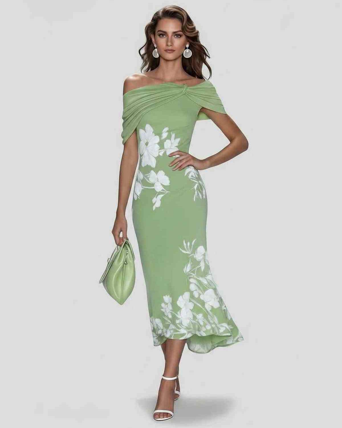 Veloura Midi Dress by Lauven — floral off shoulder satin midi dress with draped sleeves