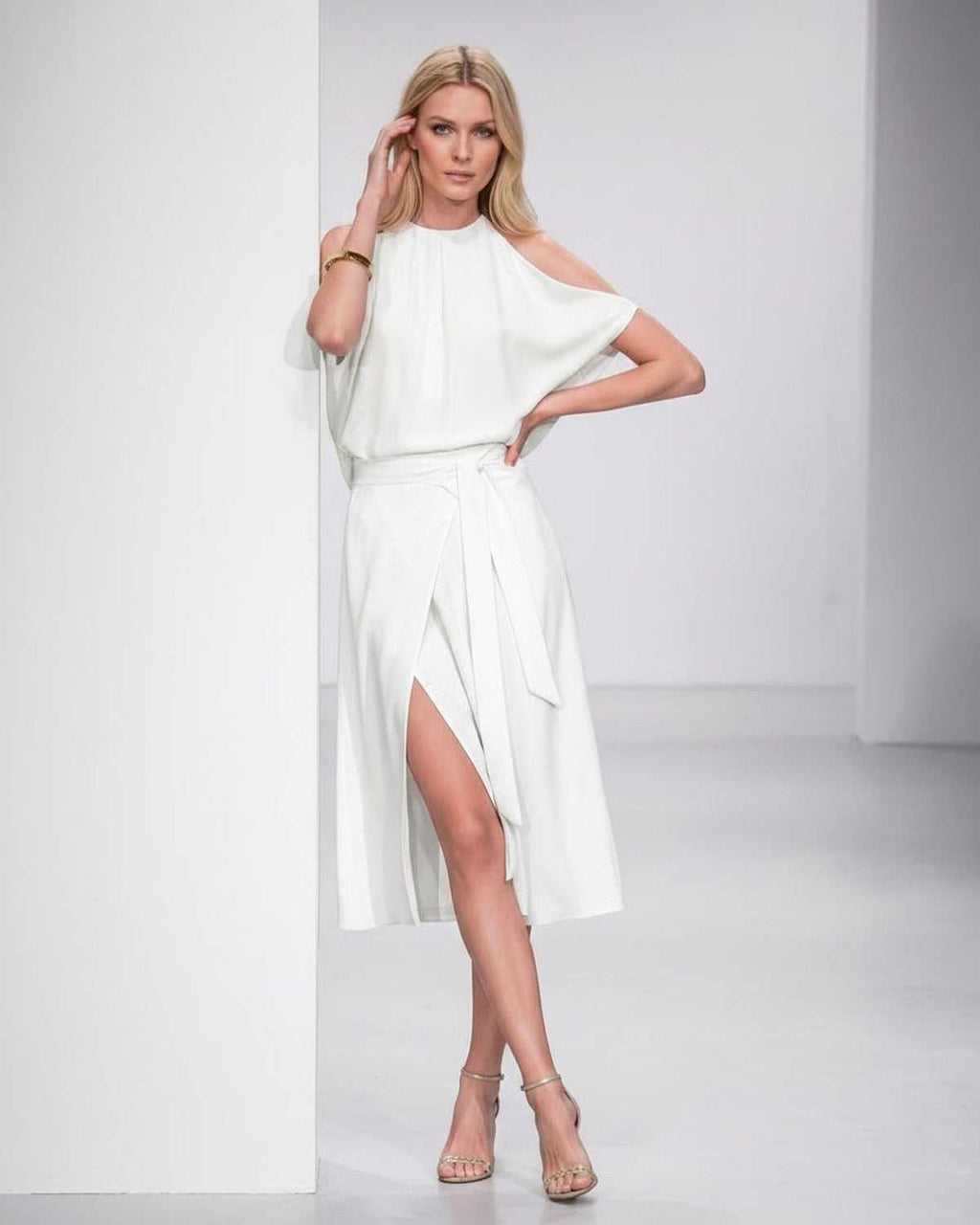 Seralyn Midi Dress by Lauven — halter sleeveless wrap midi dress with tie waist and front slit