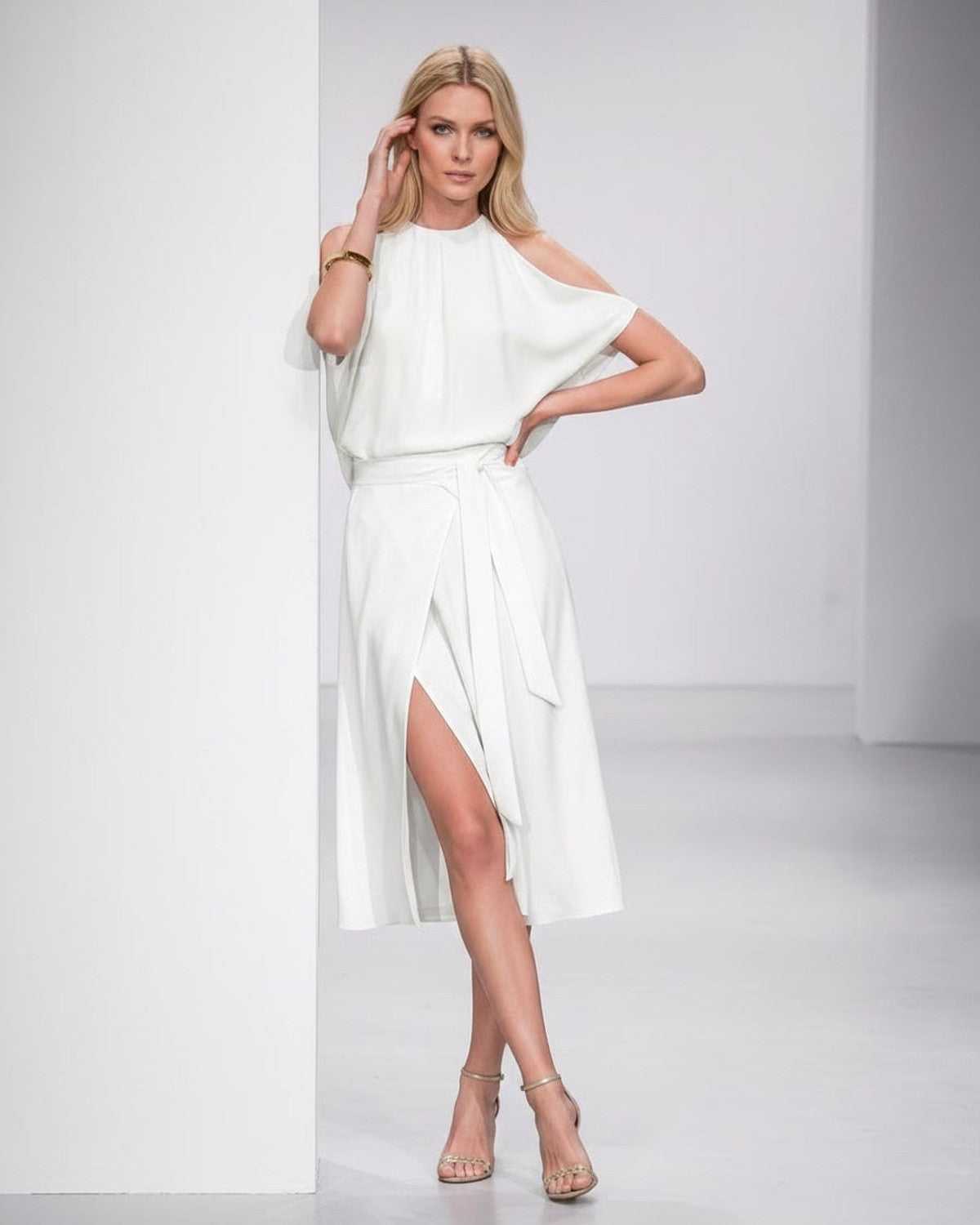Seralyn Midi Dress by Lauven — halter sleeveless wrap midi dress with tie waist and front slit