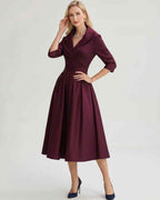 Serelune Midi Dress by Lauven — satin blend 3/4 sleeve V-neck A-line midi dress