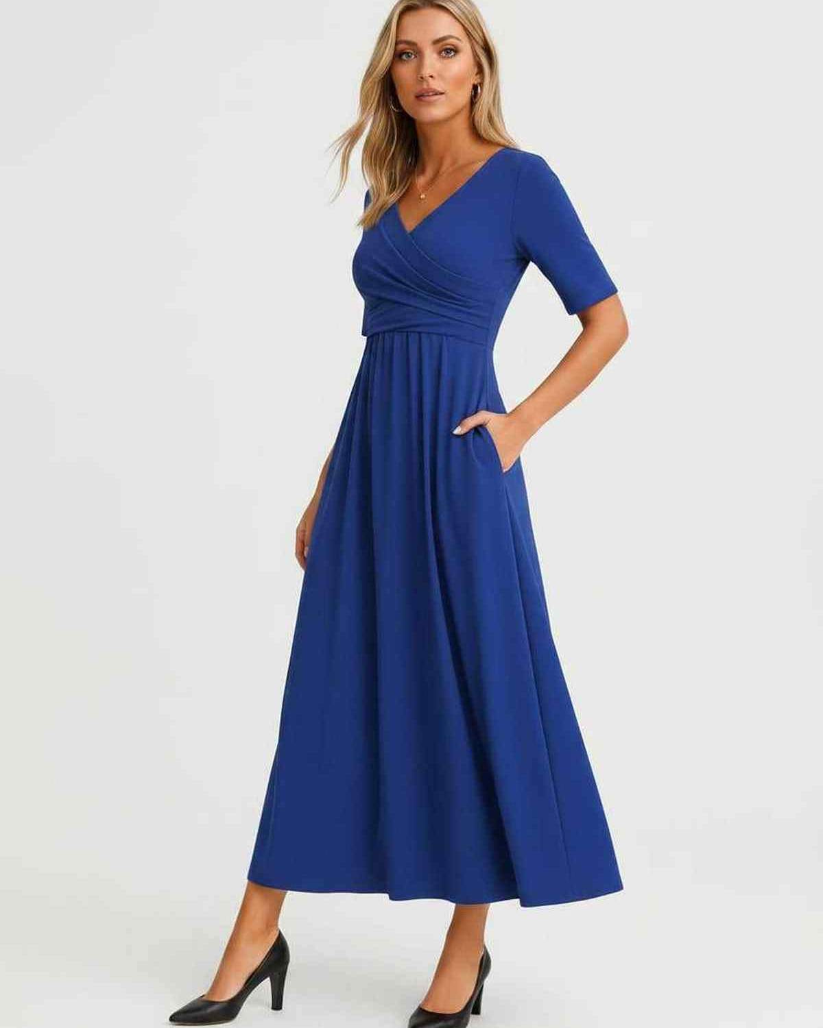Velmira Midi Dress by Lauven — soft stretch short sleeve V-neck A-line midi dress