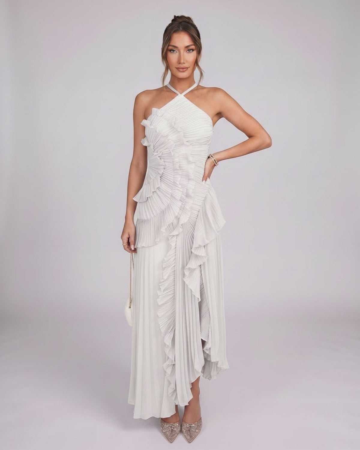 Valerise Maxi Dress by Lauven — chiffon sleeveless halter asymmetrical maxi dress