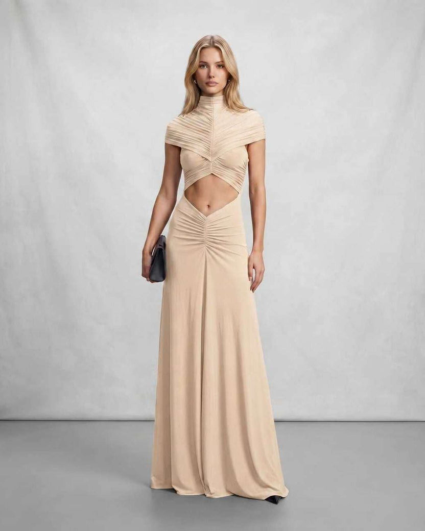Veloura Maxi Dress by Lauven — beige polyester short sleeve stand collar flared hem maxi dress