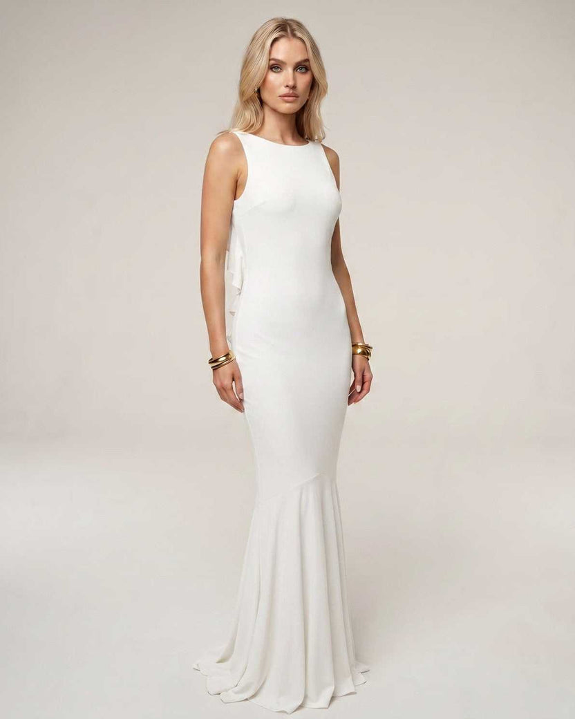 Serenna Maxi Dress by Lauven — white polyester spandex sleeveless round neck bodycon maxi dress