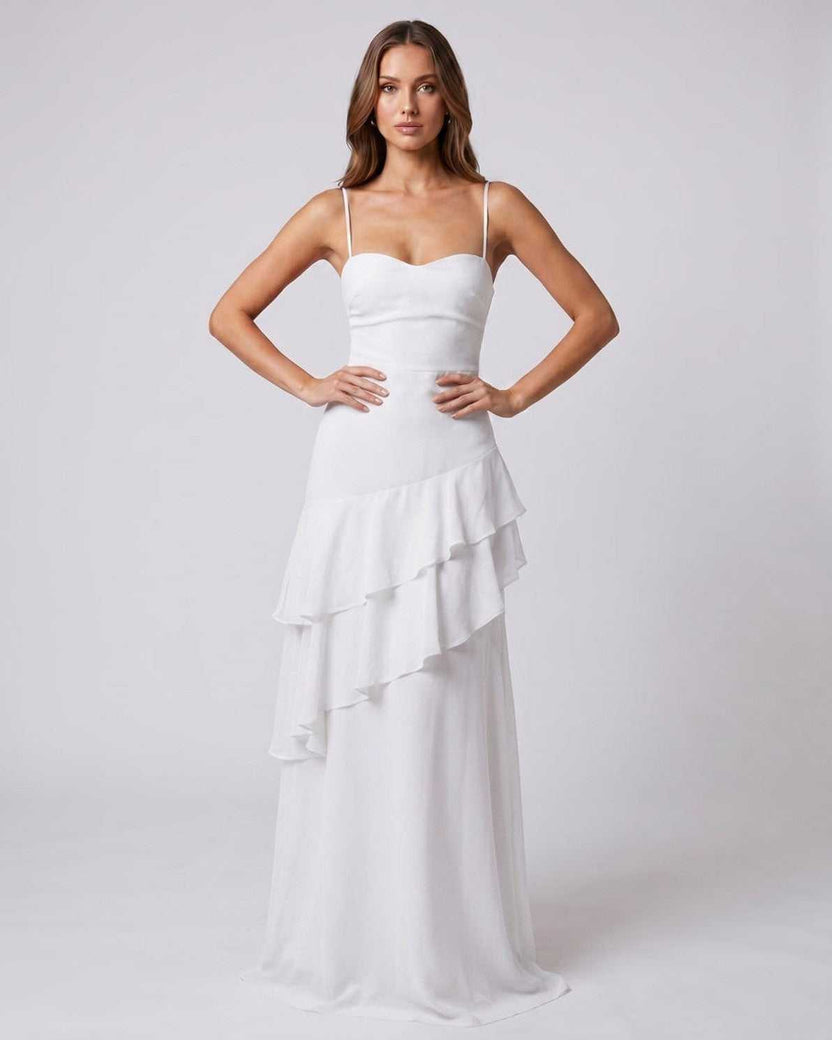 Rosette Maxi Dress by Lauven — white polyester V-neck sleeveless bodycon maxi dress with layered ruffles