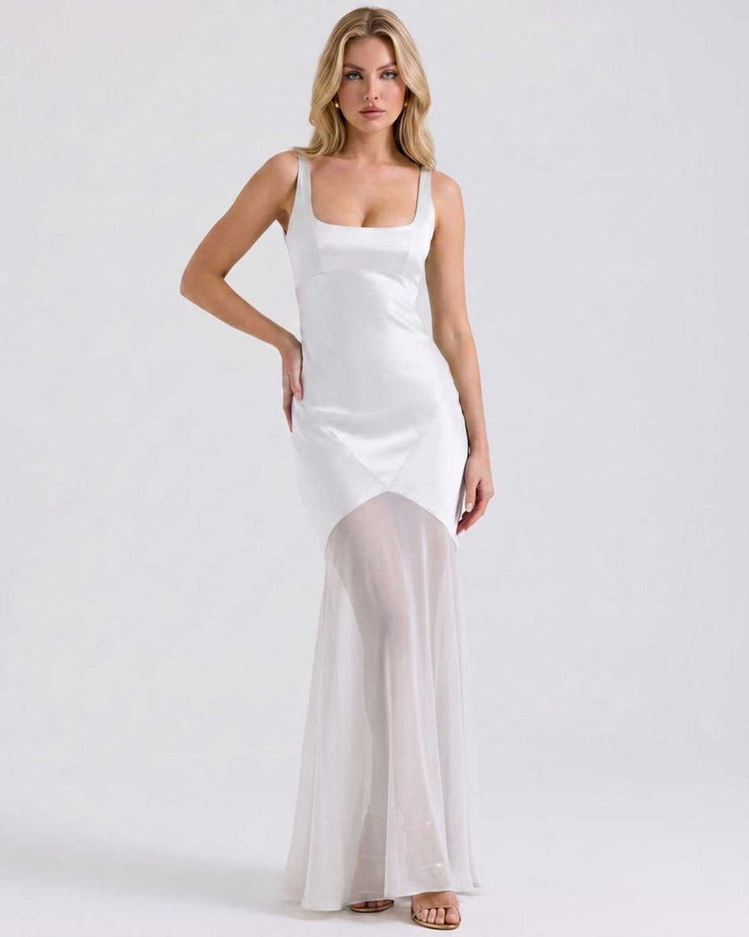 Lunelle Maxi Dress by Lauven — white polyester square neck sleeveless slip maxi dress with satin chiffon detail