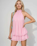 Lunelle Mini Dress by Lauven — polyester sleeveless tie neck loose fit mini dress