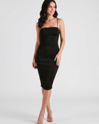 Velora Midi Dress by Lauven — smooth knit sleeveless square neck ruched slim midi dress