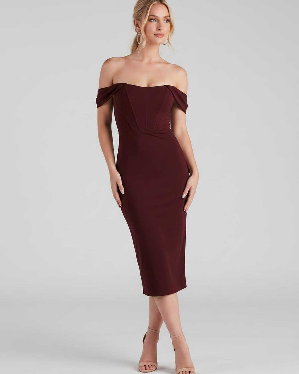 Celeste Midi Dress by Lauven — crepe-lined off-shoulder corset fitted midi dress