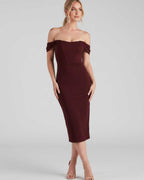 Celeste Midi Dress by Lauven — crepe-lined off-shoulder corset fitted midi dress