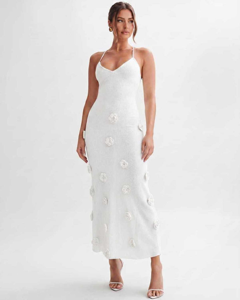 Rosette Maxi Dress by Lauven — white textured polyester knit sleeveless V-neck floral maxi dress