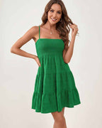 Solara Mini Dress by Lauven — textured sleeveless square neck tiered swing mini dress