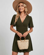 Calista Mini Dress by Lauven — chiffon ruffled short sleeve V-neck A-line mini dress