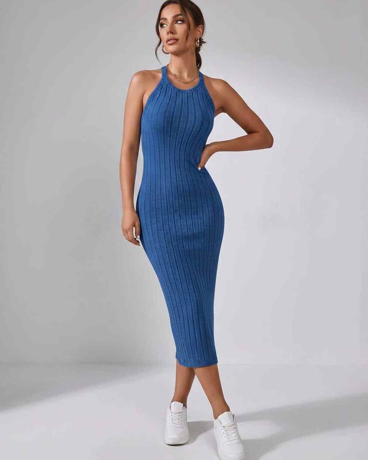 Lunara Midi Dress by Lauven — ribbed knit sleeveless crew neck slim-fit midi dress