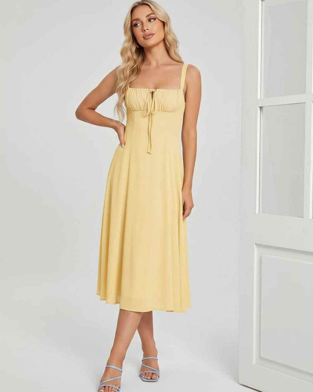 Serelune Midi Dress by Lauven — lightweight sleeveless square neck A-line midi dress